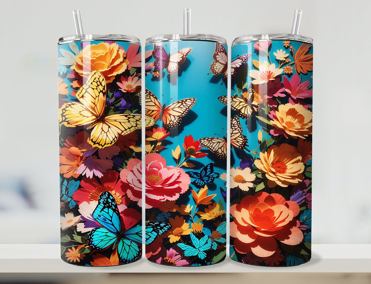 Brazil Butterfly 20 oz Skinny Tumbler Wrap | Butterflies 20 oz Skinny Tumbler Wrap | Colorful 20 oz Tumbler Wrap | 3D Colorful Butterflies - Inspired BYou Home Decor