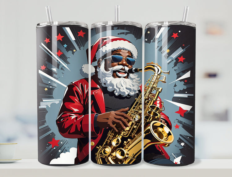 Santa Tumbler Wrap | Jazz Santa Tumbler Wrap Design | Musical Santa 20 oz Skinny Tumbler Wrap | African American Santa 3D Tumbler Wrap - Inspired BYou Home Decor