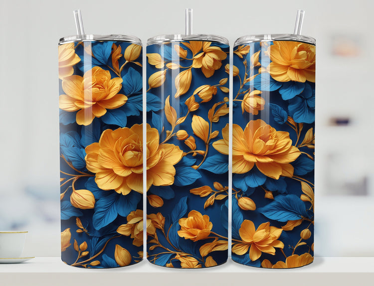 Blue and Yellow Flowers Tumbler Wrap | Blue Floral Tumbler Wrap Design | Yellow Floral 20 oz Skinny Tumbler Wrap | 3D Tumbler Wrap - Inspired BYou Home Decor