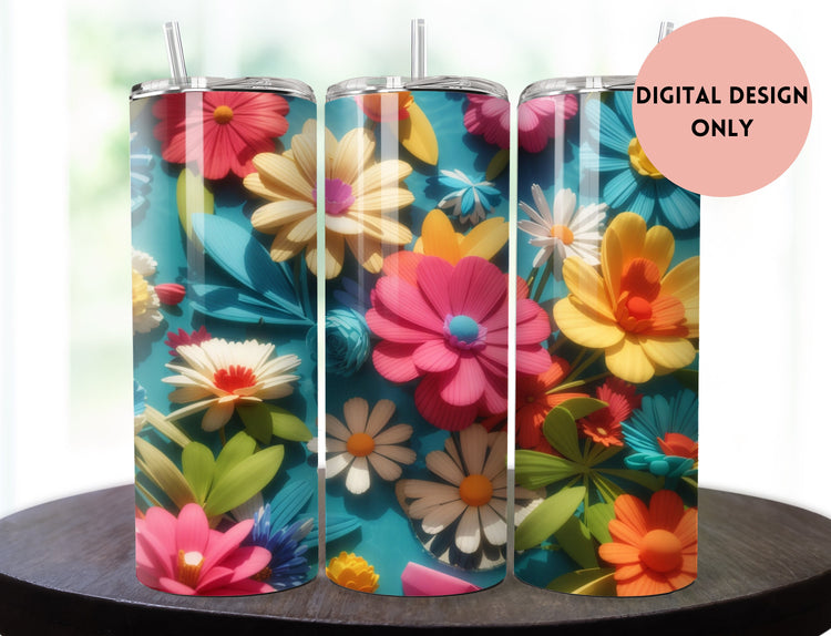 Blue Pink and Yellow Flowers Tumbler Wrap | Blue Pink and Yellow Floral Tumbler Wrap Design | Yellow 20 oz Skinny Tumbler | 3D Tumbler Wrap. - Inspired BYou Home Decor