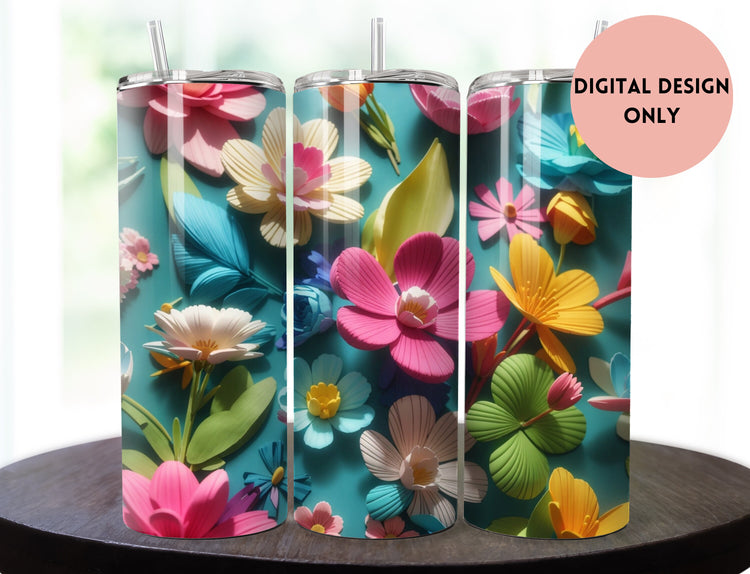 Blue Pink White and Yellow Flowers Tumbler Wrap | Blue Pink and Yellow Floral Tumbler Wrap Design | Yellow 20 oz Tumbler | 3D Tumbler Wrap. - Inspired BYou Home Decor