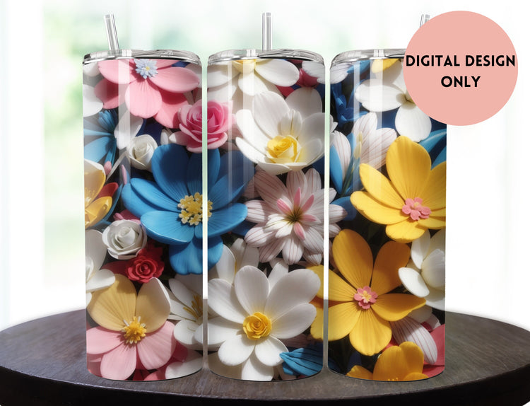 Blue Pink White and Yellow Flowers Tumbler Wrap | Blue White and Yellow Floral Tumbler Wrap Design | Yellow 20 oz Tumbler | 3D Tumbler Wrap. - Inspired BYou Home Decor