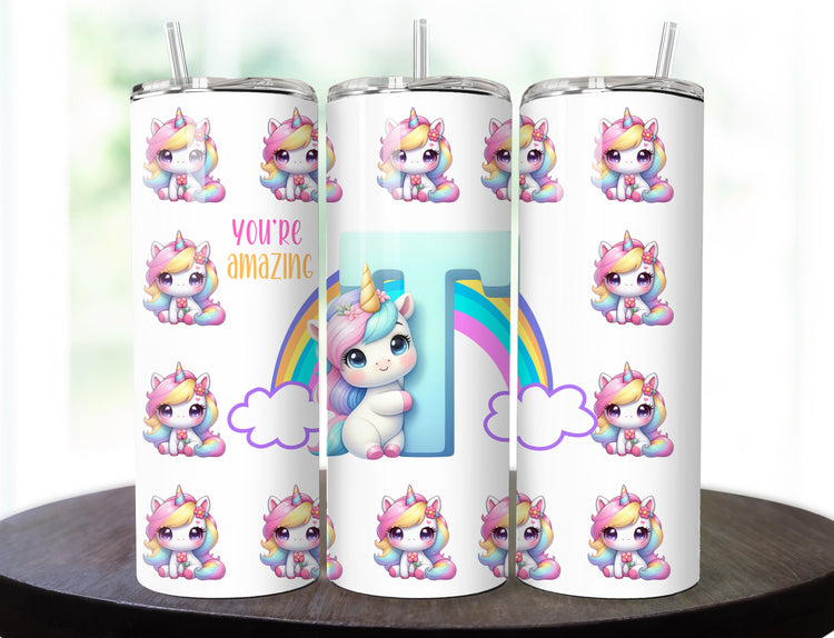 Cute Unicorn Tumbler | Monogram Tumbler | 20 oz Inspirational Skinny Tumbler - Inspired BYou Home Decor