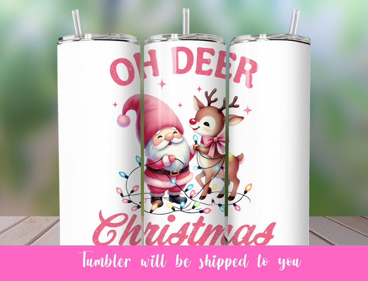 Cute Pink Reindeer Christmas 20 ounce skinny tumbler | Pink Christmas Tumbler | Reindeer Tumbler - Inspired BYou Home Decor