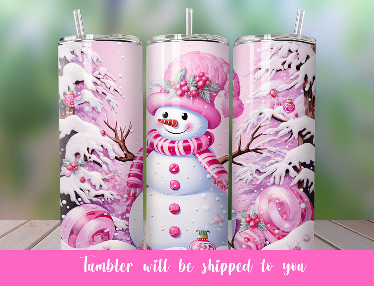 pink Christmas tumbler with snowman