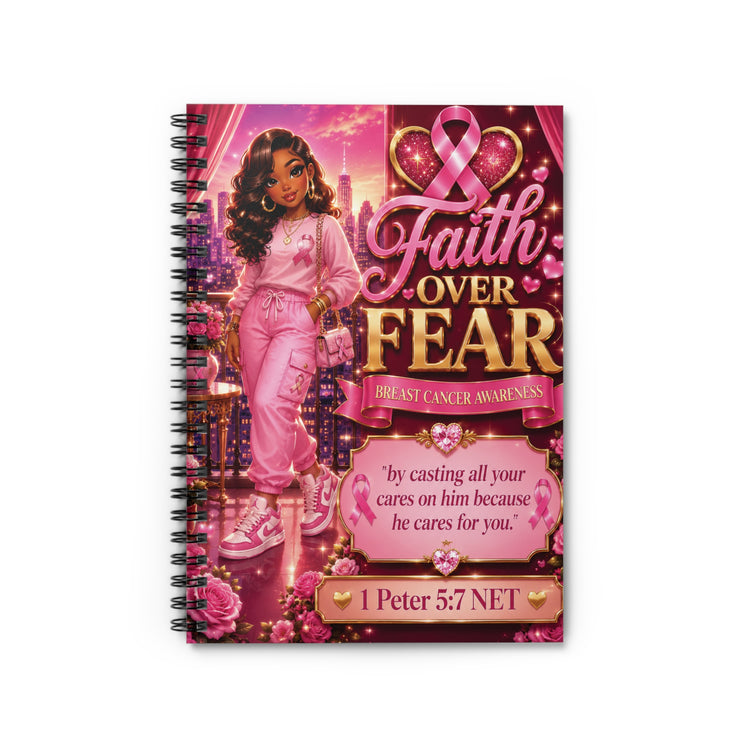 Faith Over Fear Breast Cancer Awareness Journal | Christian Pink Ribbon Notebook | Inspirational Bible Verse Journal | 1 Peter 5:7 Gift for Women