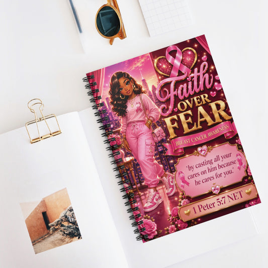 Faith Over Fear Breast Cancer Awareness Journal | Christian Pink Ribbon Notebook | Inspirational Bible Verse Journal | 1 Peter 5:7 Gift for Women