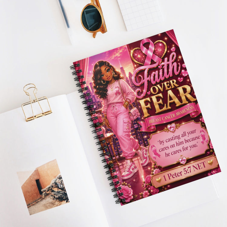 Faith Over Fear Breast Cancer Awareness Journal | Christian Pink Ribbon Notebook | Inspirational Bible Verse Journal | 1 Peter 5:7 Gift for Women
