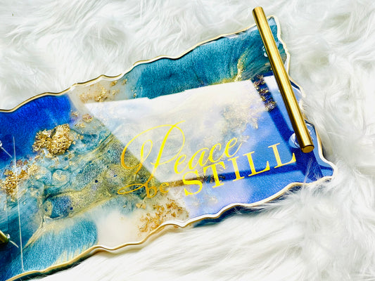 Custom Made Blue & Gold Resin Tray | Blue and Gold Tray | Blue Tray | Blue Serving Tray | Resin Tray with Handle | Blue Serving Tray - Inspired BYou Home Decor