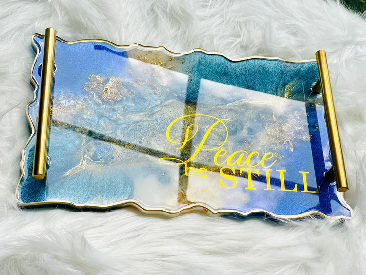 Custom Made Blue & Gold Resin Tray | Blue and Gold Tray | Blue Tray | Blue Serving Tray | Resin Tray with Handle | Blue Serving Tray - Inspired BYou Home Decor