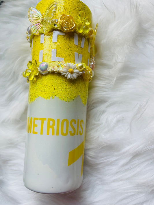 Yellow and White Endometriosis Awareness Decoden Tumbler | Tumbler with Charms | Yellow Tumbler - Inspired BYou Home Decor