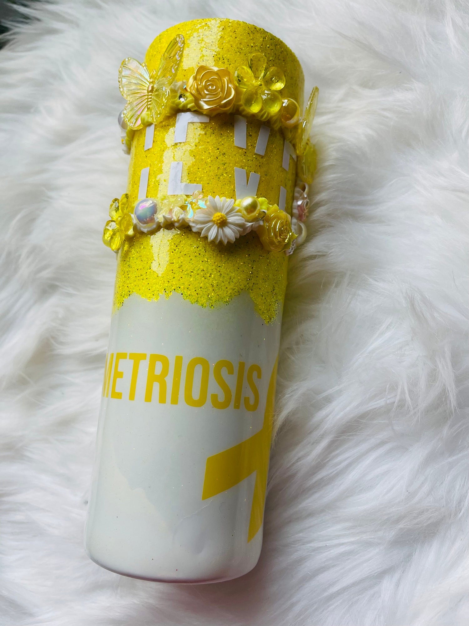 Yellow and White Endometriosis Awareness Decoden Tumbler | Tumbler with Charms | Yellow Tumbler - Inspired BYou Home Decor