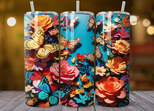 Brazil Butterfly 20 oz Skinny Tumbler Wrap | Butterflies 20 oz Skinny Tumbler Wrap | Colorful  20 oz Tumbler Wrap | 3D Colorful Butterflies - Inspired BYou Home Decor