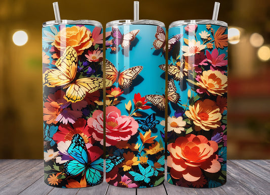 Brazil Butterfly 20 oz Skinny Tumbler Wrap | Butterflies 20 oz Skinny Tumbler Wrap | Colorful  20 oz Tumbler Wrap | 3D Colorful Butterflies