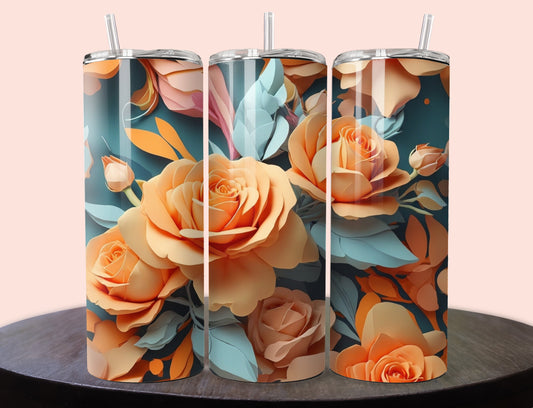 Orange Flower Bouquet Tumbler Wrap | Orange Flowers 20 oz Skinny Tumbler Wrap | 3D Skinny Tumbler Wrap 20 oz | 3D Flowers Tumbler Wrap - Inspired BYou Home Decor