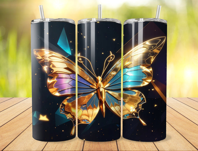 Metallic Butterfly 20 oz Skinny Tumbler Wrap | Gold 20 oz Skinny Tumbler Wrap | Butterfly 20 oz Tumbler Wrap | 3D Skinny Tumbler Wrap