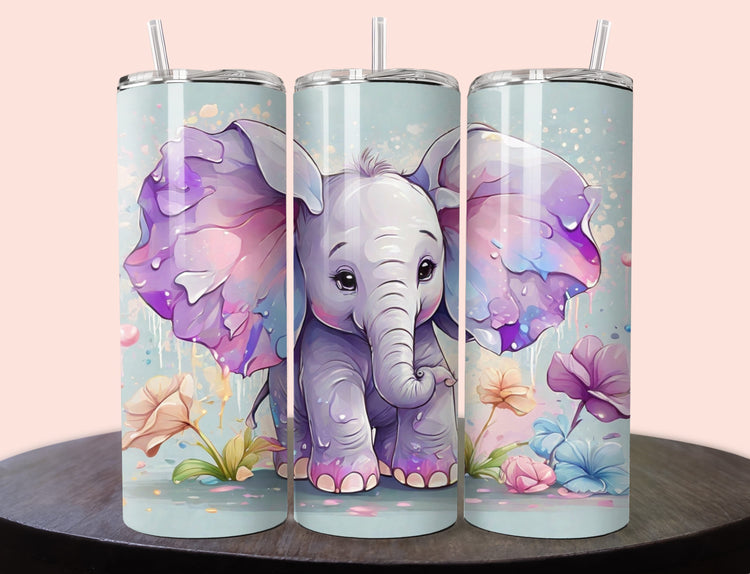 Baby Elephant Tumbler Wrap | Pastel Color Baby Elephant Tumbler Wrap Design | Animal 20 oz Skinny Tumbler Wrap | 3D Tumbler Wrap