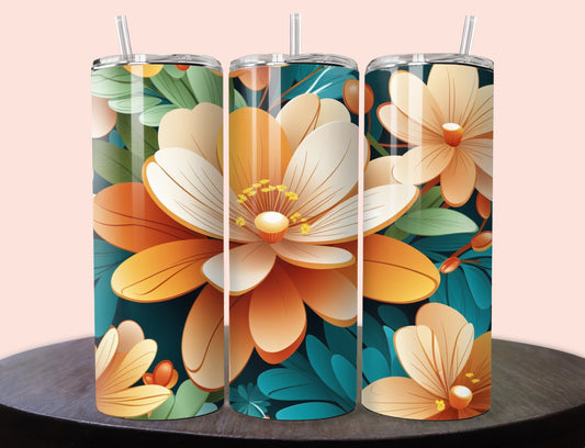 Fall Flower Tumbler Wrap | Flowers Tumbler Wrap Design | Orange Flowers 20 oz Skinny Tumbler Wrap | 3D Tumbler Wrap