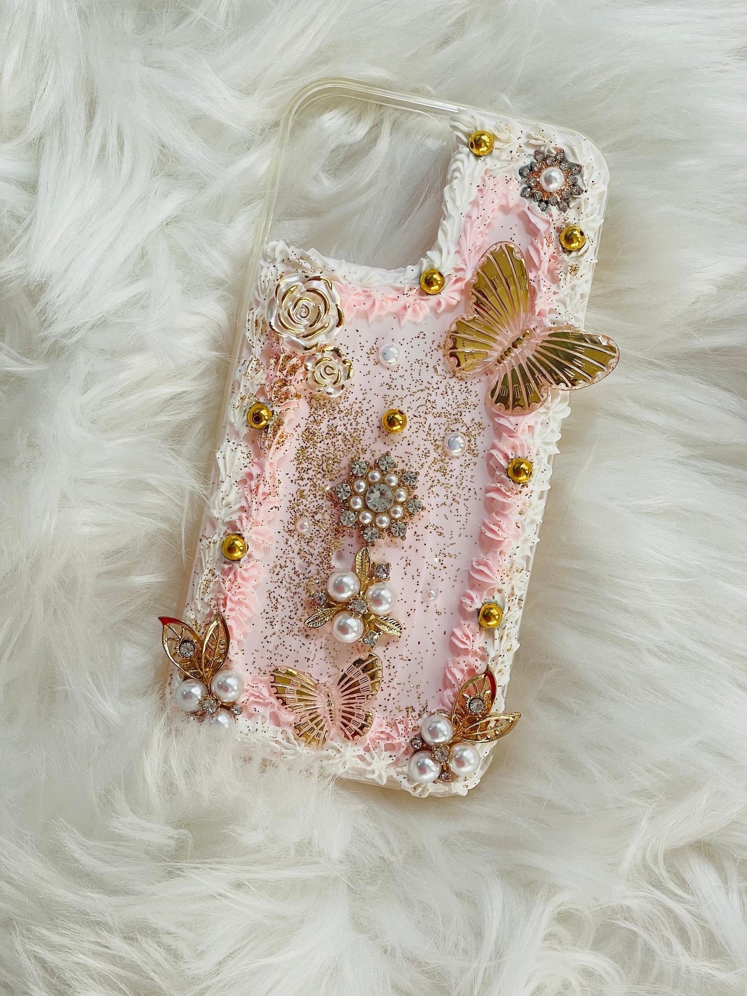 White and Gold Phone Case with Name |  White iPhone Case with Charms | Bridal Phone Case | Gold iPhone Case | Butterfly Phone Case - Inspired BYou Home Decor