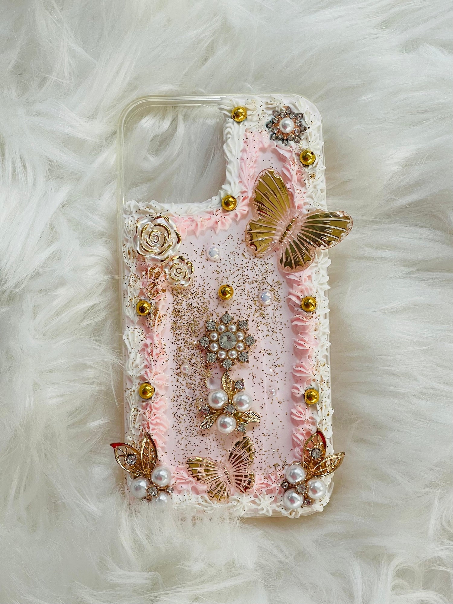 White and Gold Phone Case with Name |  White iPhone Case with Charms | Bridal Phone Case | Gold iPhone Case | Butterfly Phone Case - Inspired BYou Home Decor