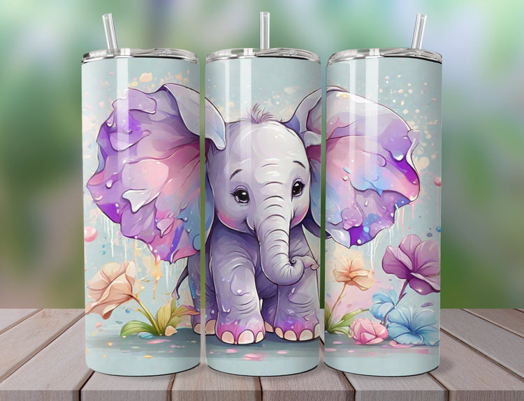 Baby Elephant Tumbler Wrap | Pastel Color Baby Elephant Tumbler Wrap Design | Animal 20 oz Skinny Tumbler Wrap | 3D Tumbler Wrap