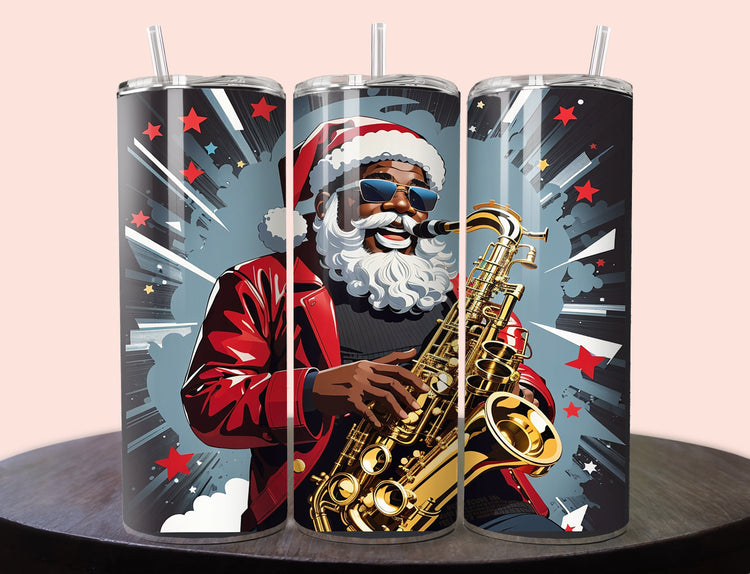 Santa Tumbler Wrap | Jazz Santa Tumbler Wrap Design | Musical Santa 20 oz Skinny Tumbler Wrap | African American Santa 3D Tumbler Wrap