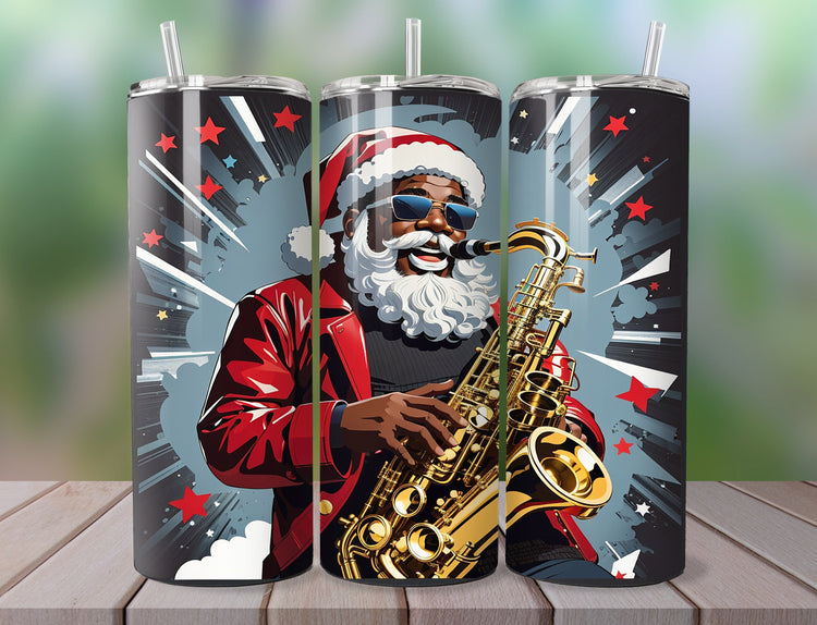 Santa Tumbler Wrap | Jazz Santa Tumbler Wrap Design | Musical Santa 20 oz Skinny Tumbler Wrap | African American Santa 3D Tumbler Wrap