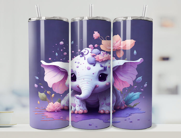 Colorful Baby Elephant Tumbler Wrap | Pastel Baby Elephant Tumbler Wrap Design | Baby Elephant 20 oz Skinny Tumbler Wrap | 3D Tumbler Wrap