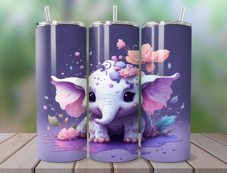 Colorful Baby Elephant Tumbler Wrap | Pastel Baby Elephant Tumbler Wrap Design | Baby Elephant 20 oz Skinny Tumbler Wrap | 3D Tumbler Wrap