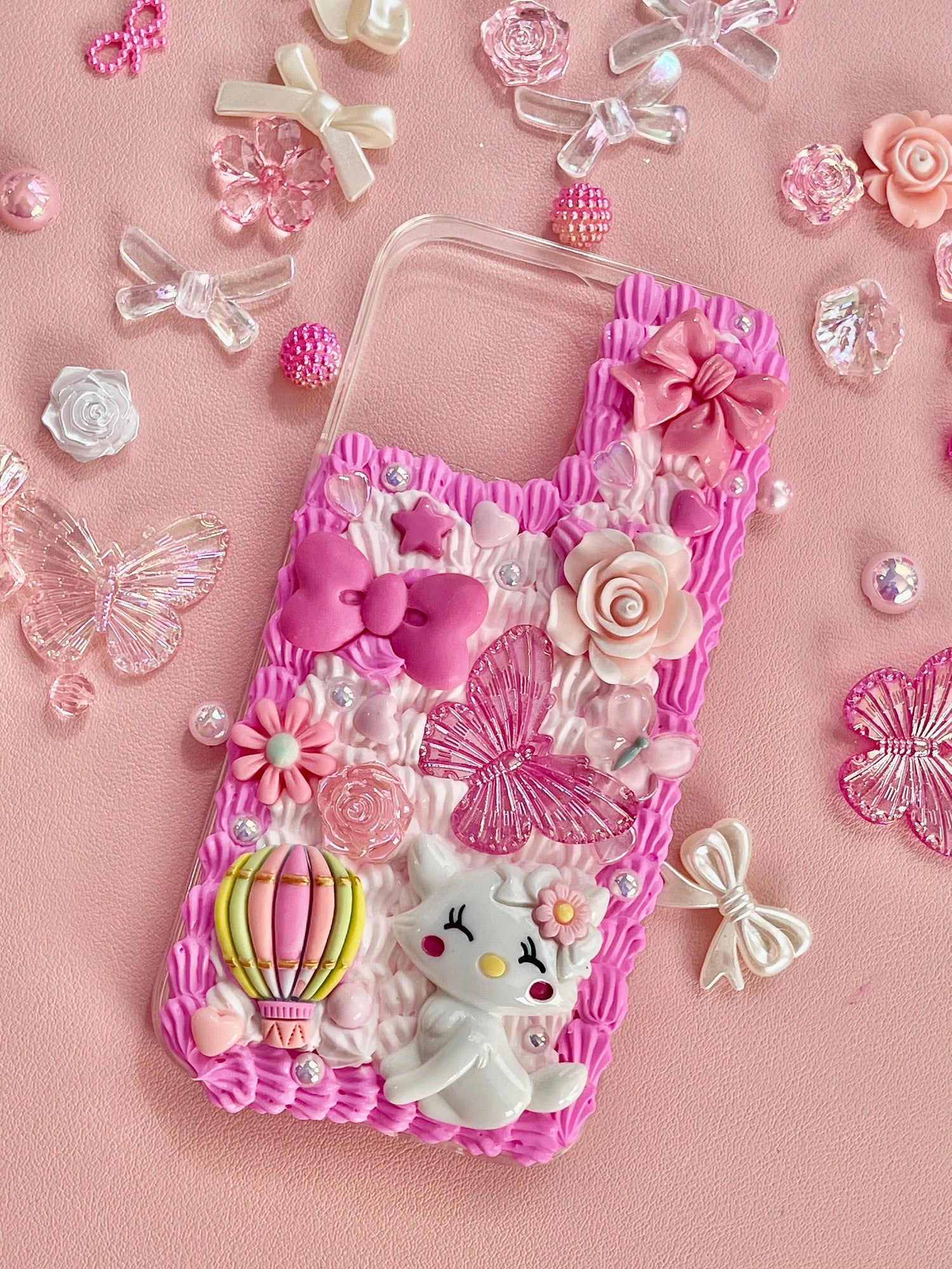 Pink and White Phone Case with Name |  Decoden Case with Charms  | Cute Pink iPhone Case | Butterfly Phone Case - Inspired BYou Home Decor