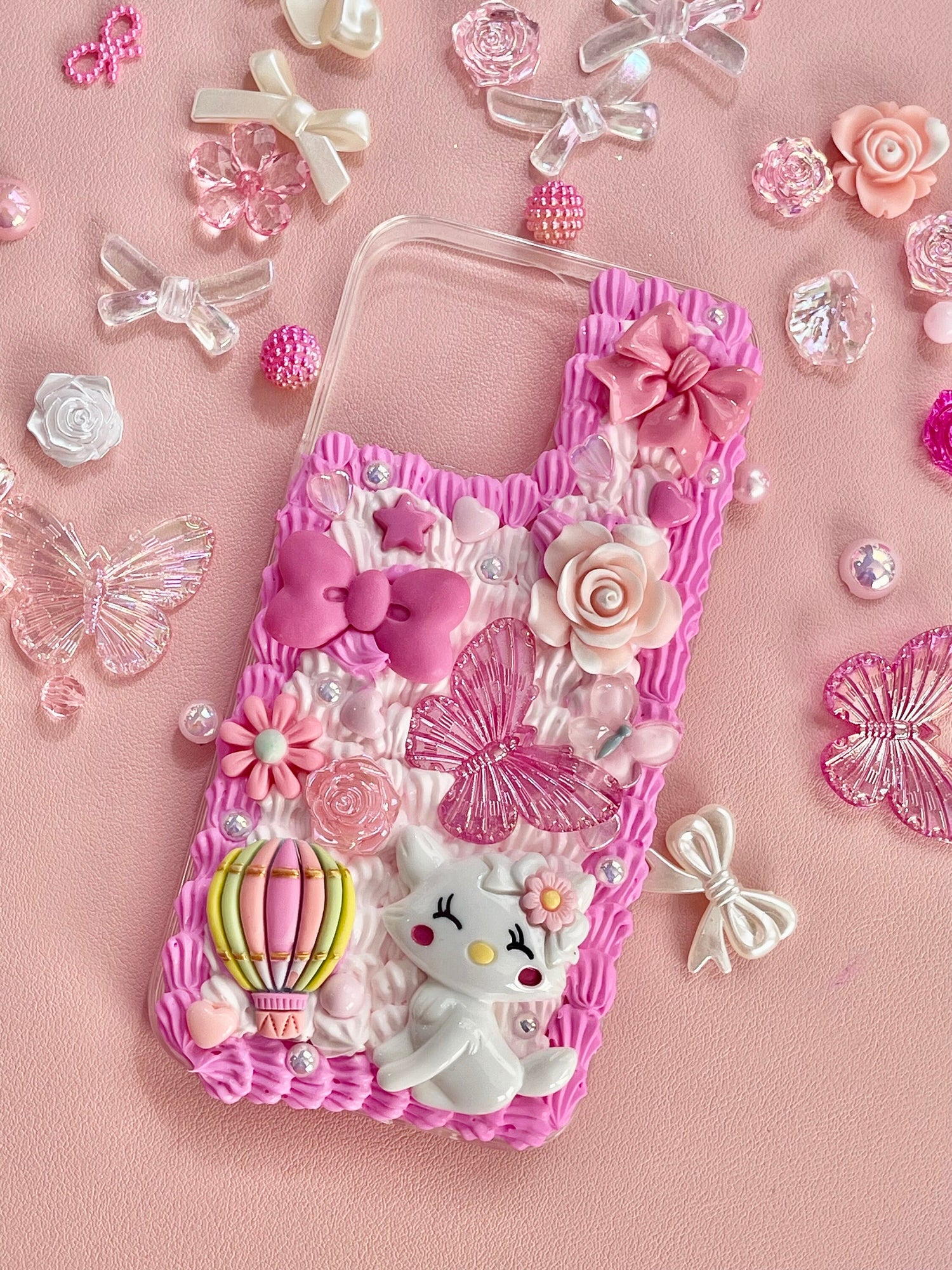 Pink and White Phone Case with Name |  Decoden Case with Charms  | Cute Pink iPhone Case | Butterfly Phone Case - Inspired BYou Home Decor