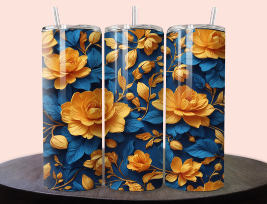 Blue and Yellow Flowers Tumbler Wrap | Blue Floral Tumbler Wrap Design | Yellow Floral 20 oz Skinny Tumbler Wrap | 3D Tumbler Wrap