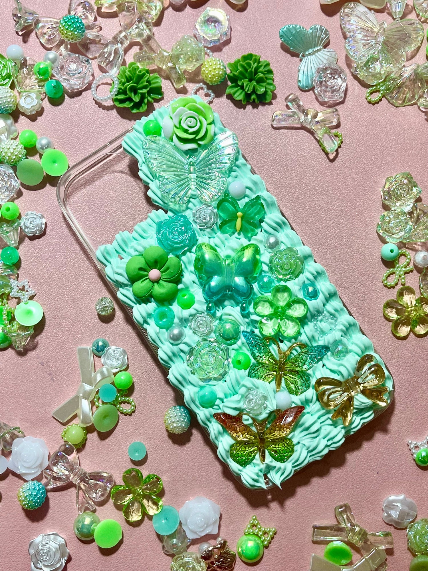 Green Phone Case with Name | Green iPhone Case with Charms | Green Phone Case | Cute iPhone Case | Butterfly Phone Case - Inspired BYou Home Decor
