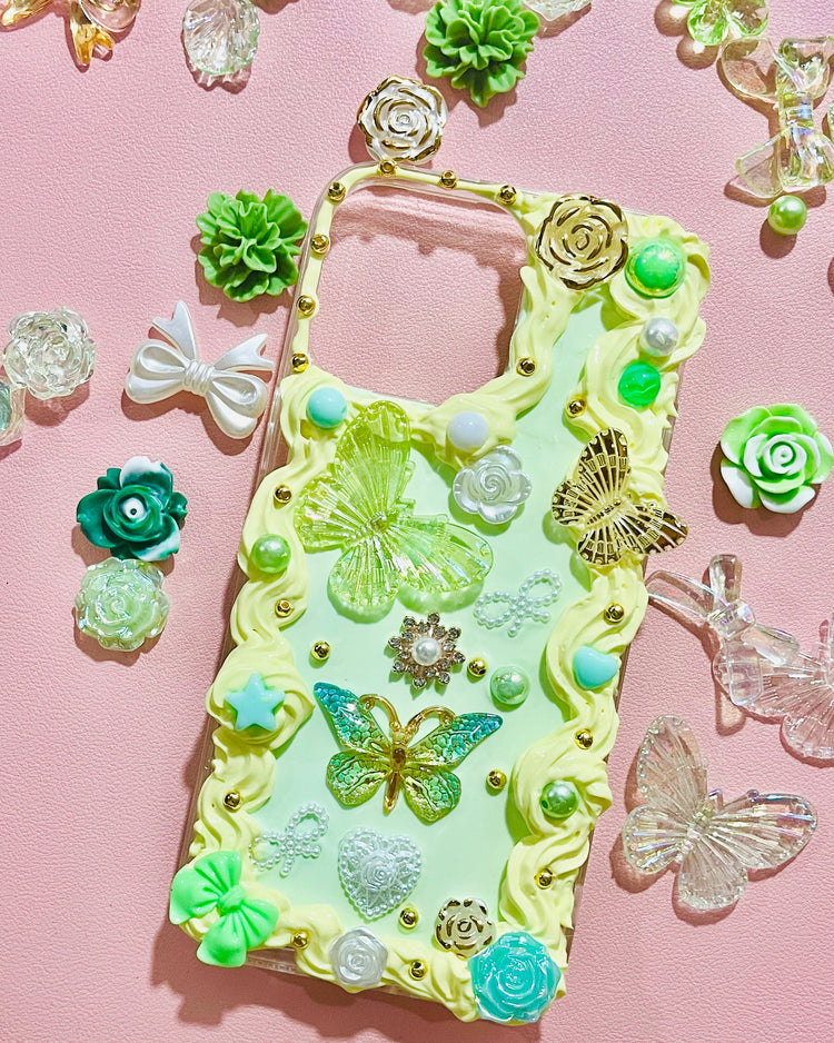 Green and Yellow  Phone Case with Name | Yellow iPhone Case with Charms | Green  Phone Case | Cute iPhone Case | Butterfly Phone Case - Inspired BYou Home Decor