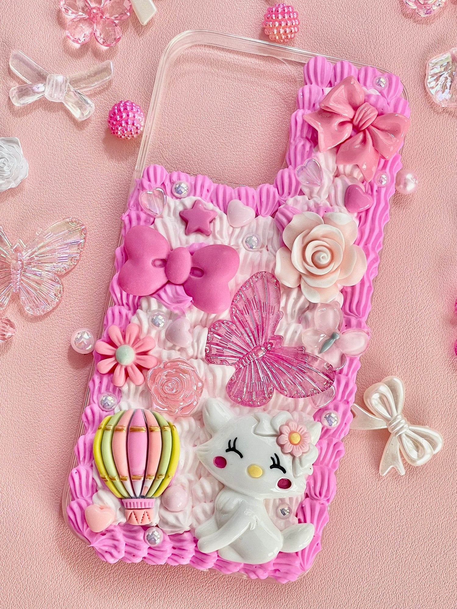 Pink and White Phone Case with Name, Decoden Case with Charms, Cute Pink  iPhone Case, Butterfly Phone Case