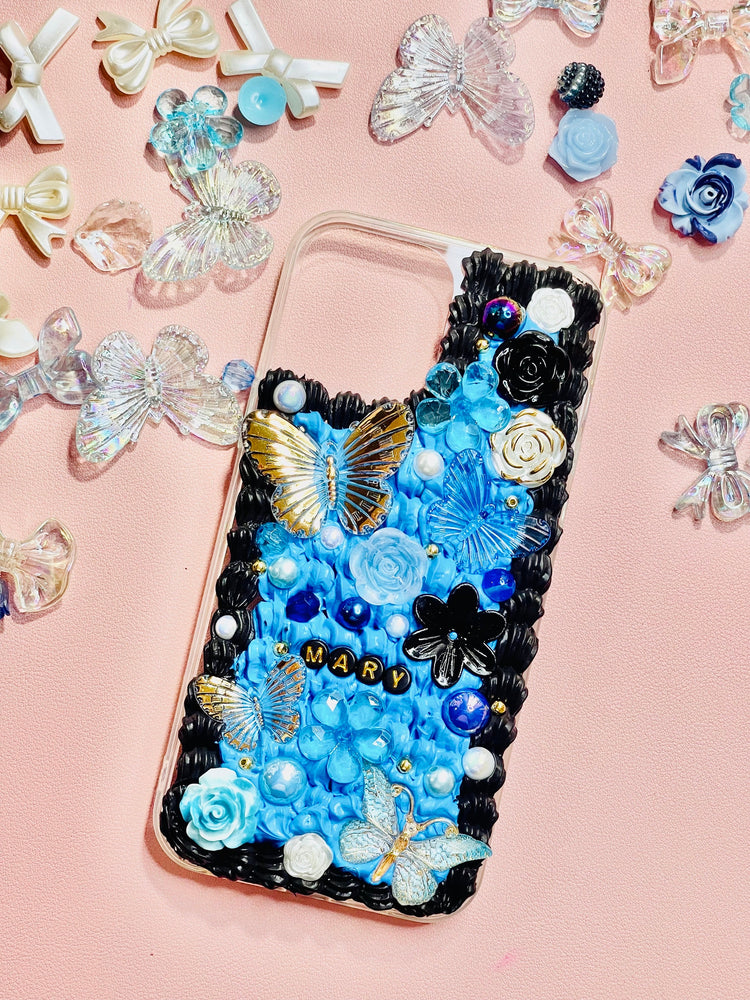 Blue Phone Case with Name | Blue and Black iPhone Case with Charms | custom blue Phone Case | Cute iPhone Case | Black Phone Case - Inspired BYou Home Decor