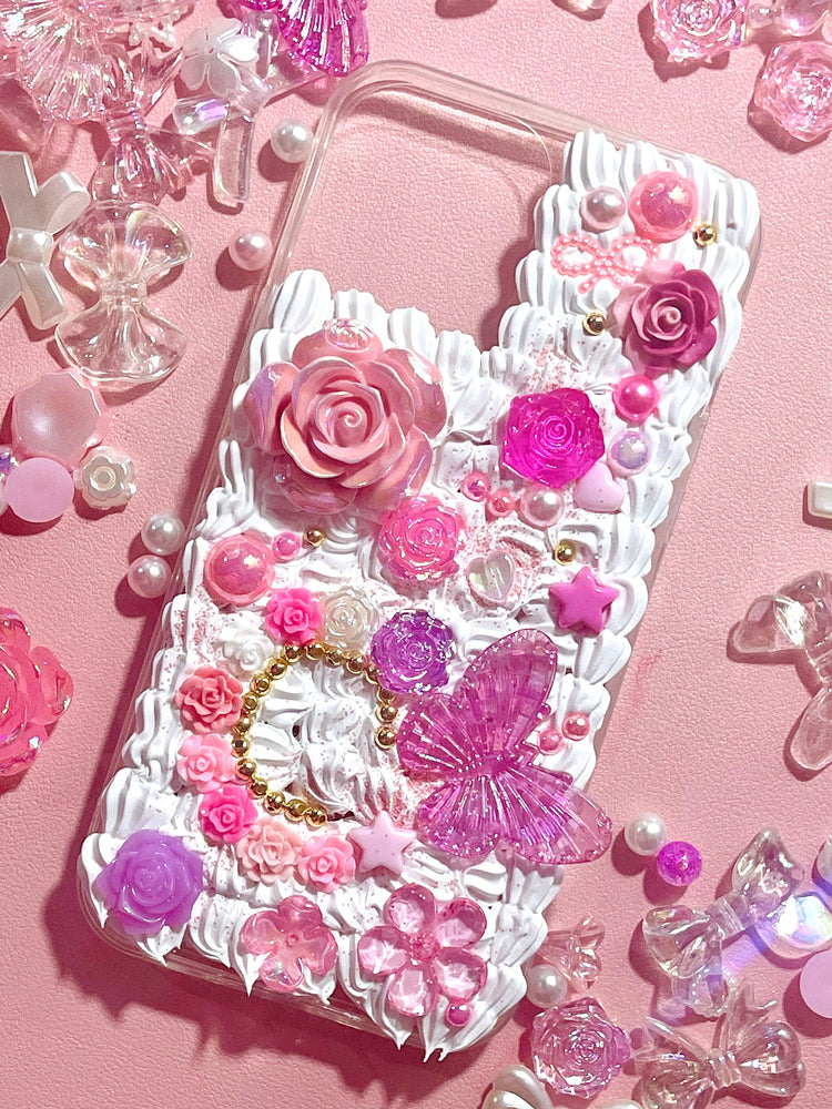 Pink and White Garden Phone Case with Name |  Decoden Case with Charms  | Cute Pink Flower iPhone Case | Butterfly and Flowers Phone Case - Inspired BYou Home Decor