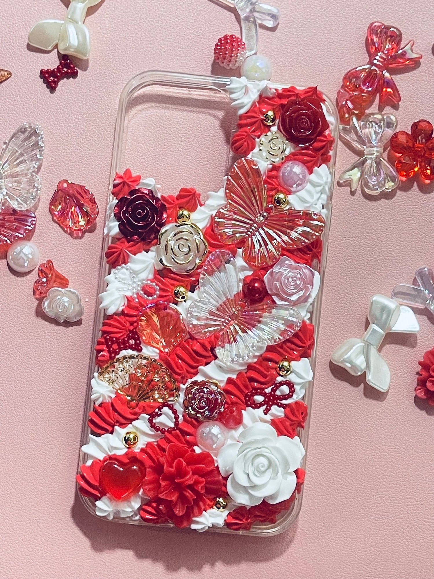 Red and White Phone Case with Name, Decoden Case with Charms, Cute Red  iPhone Case, Butterfly Phone Case
