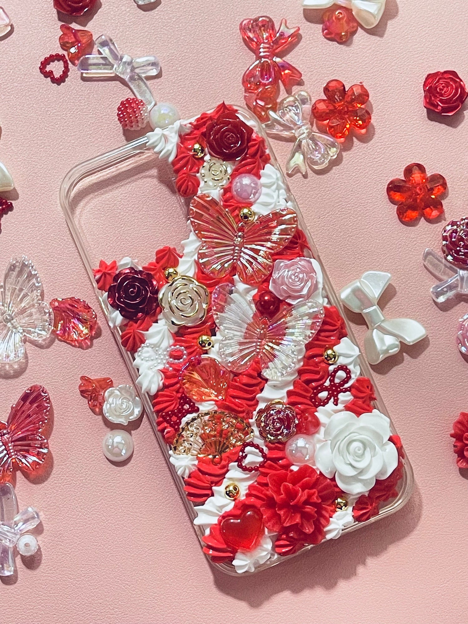 Red and White Phone Case with Name |  Decoden Case with Charms  | Cute Red iPhone Case | Butterfly Phone Case - Inspired BYou Home Decor
