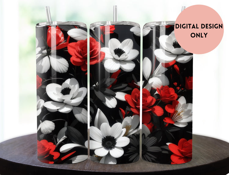 Red and Black Flowers Tumbler Wrap | Red, Black and White Floral Tumbler Wrap Design | Red 20 oz Skinny Tumbler | 3D Tumbler Wrap