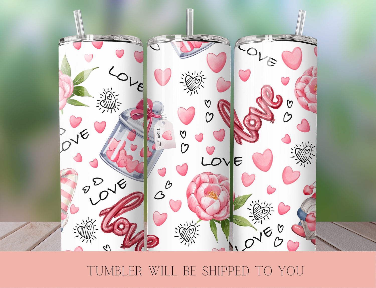 Pink Heart Tumbler | Love Skinny Tumbler | Pink Flower Tumbler | Heart Stainless Steel Tumbler | Romantic Tumbler - Inspired BYou Home Decor