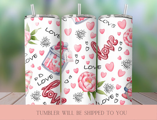 Pink Heart Tumbler | Love Skinny Tumbler | Pink Flower Tumbler | Heart Stainless Steel Tumbler | Romantic Tumbler - Inspired BYou Home Decor
