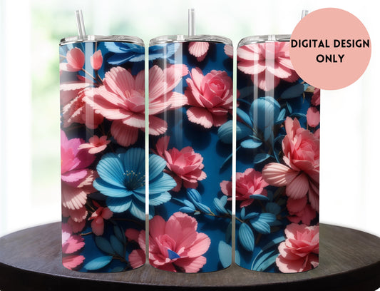 Blue and Pink Flowers Tumbler Wrap | Blue and Pink Floral Tumbler Wrap Design | Pink 20 oz Skinny Tumbler | 3D Tumbler Wrap