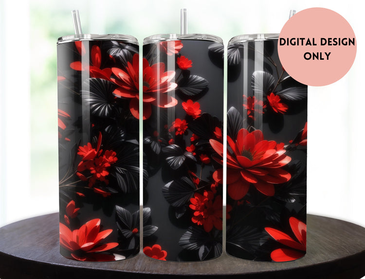 Red and Black Flowers Tumbler Wrap | Red and Black Floral Tumbler Wrap Design | Pink 20 oz Skinny Tumbler | 3D Tumbler Wrap