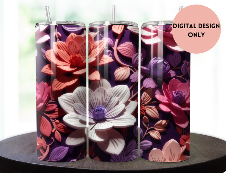 Purple and Pink Flowers Tumbler Wrap | Purple and Pink Floral Tumbler Wrap Design | Pink 20 oz Skinny Tumbler | 3D Tumbler Wrap