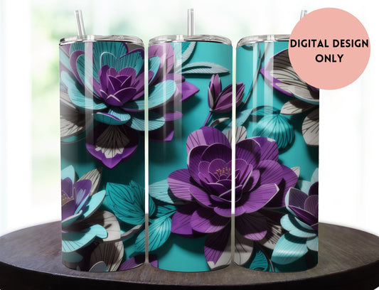 Teal and Pink Flowers Tumbler Wrap | Purple and Teal Floral Tumbler Wrap Design | Purple 20 oz Skinny Tumbler | 3D Tumbler Wrap