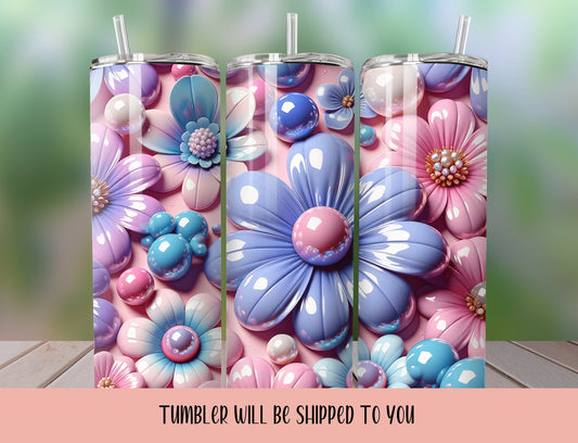 3D Pink Flower  Tumbler, Skinny 3D Flower Tumbler, Pink flowers tumbler, Wedding Flower Tumbler - Inspired BYou Home Decor
