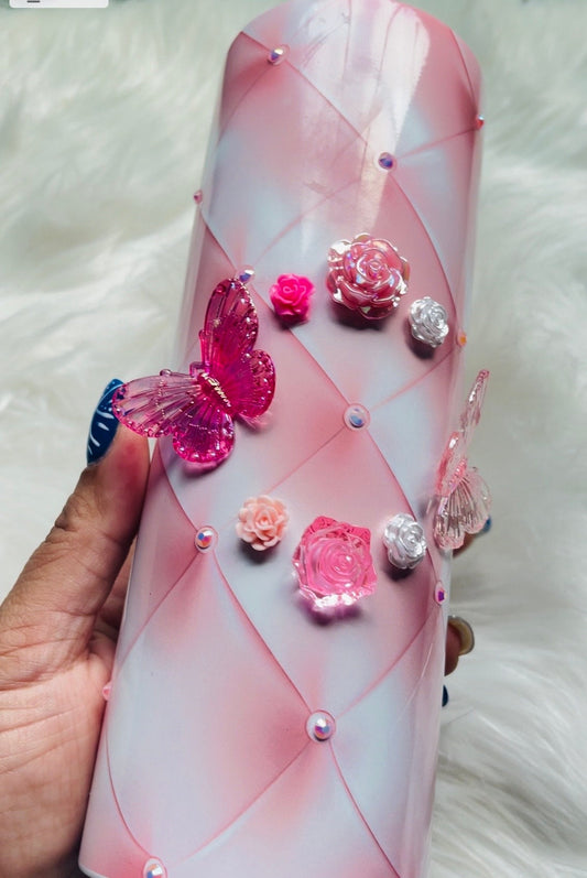 Pink Tumbler with Rhinestones, Roses and Butterflies