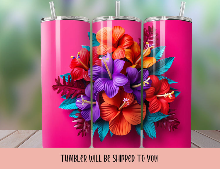 Tropical Tumbler, Pink Tumbler, Pink Flower Tumbler, Pink Skinny Tumbler