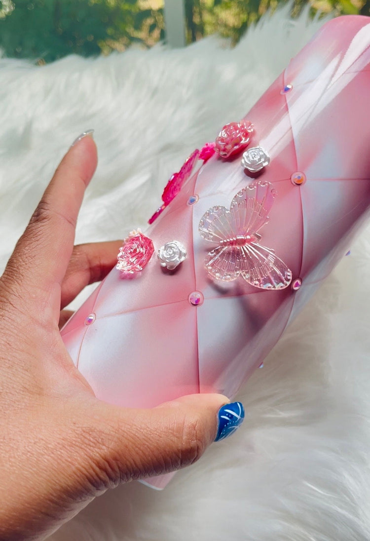 Pink Tumbler with Rhinestones, Roses and Butterflies